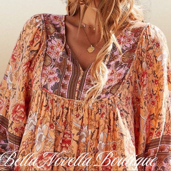 Boho Orange & Pink Floral V-Neck Peasant Dress - Picture 5 of 6